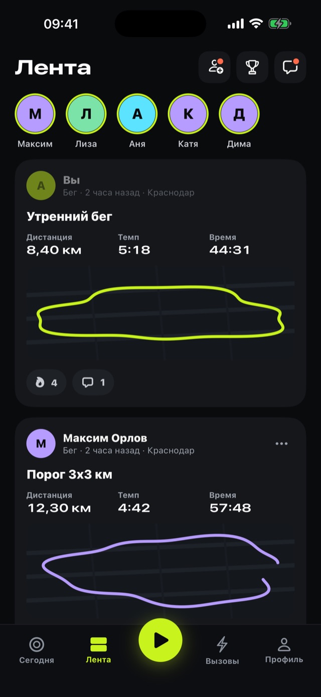 Лента друзей со сторис наверху